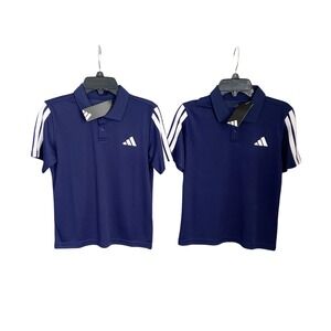 LOT of 2 Adidas Boys Dark Blue Short Sleeve Polo Shirt Size S 8 3-Stripes NEW